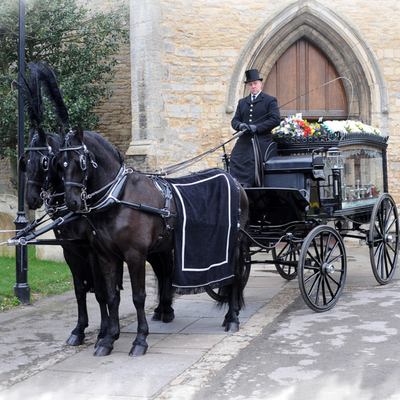 A traditional horse drawn hearse and carriage with Townies Carriage Masters. The perfect funeral send-off. 24 Hour Service. 01279 860055