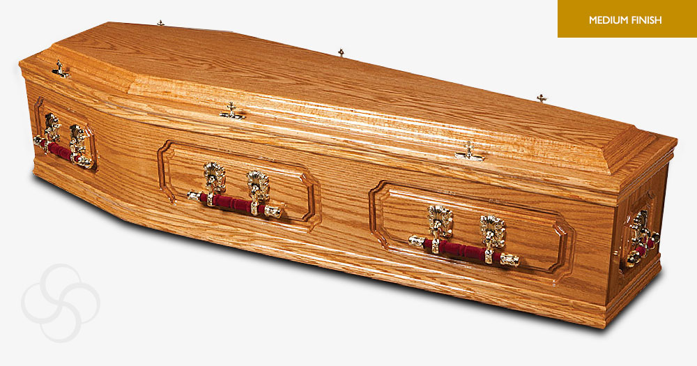 Churchill Honey Oak Signature Coffin - Barringtons Funerals - Bishops Stortford